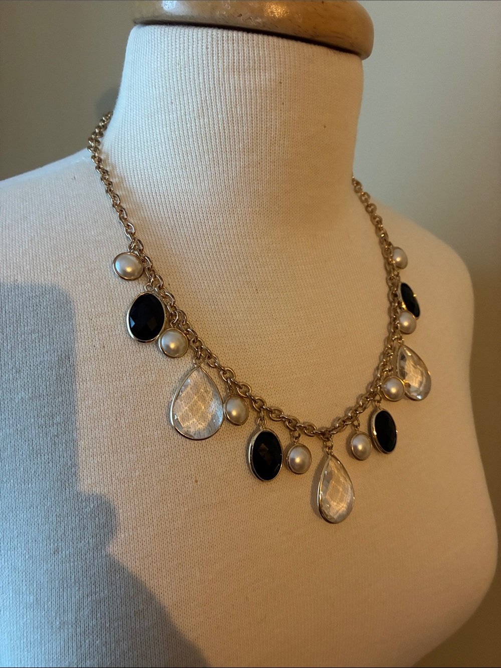 Gold-Tone Black, Clear & Pearl Teardrop Statement Necklace